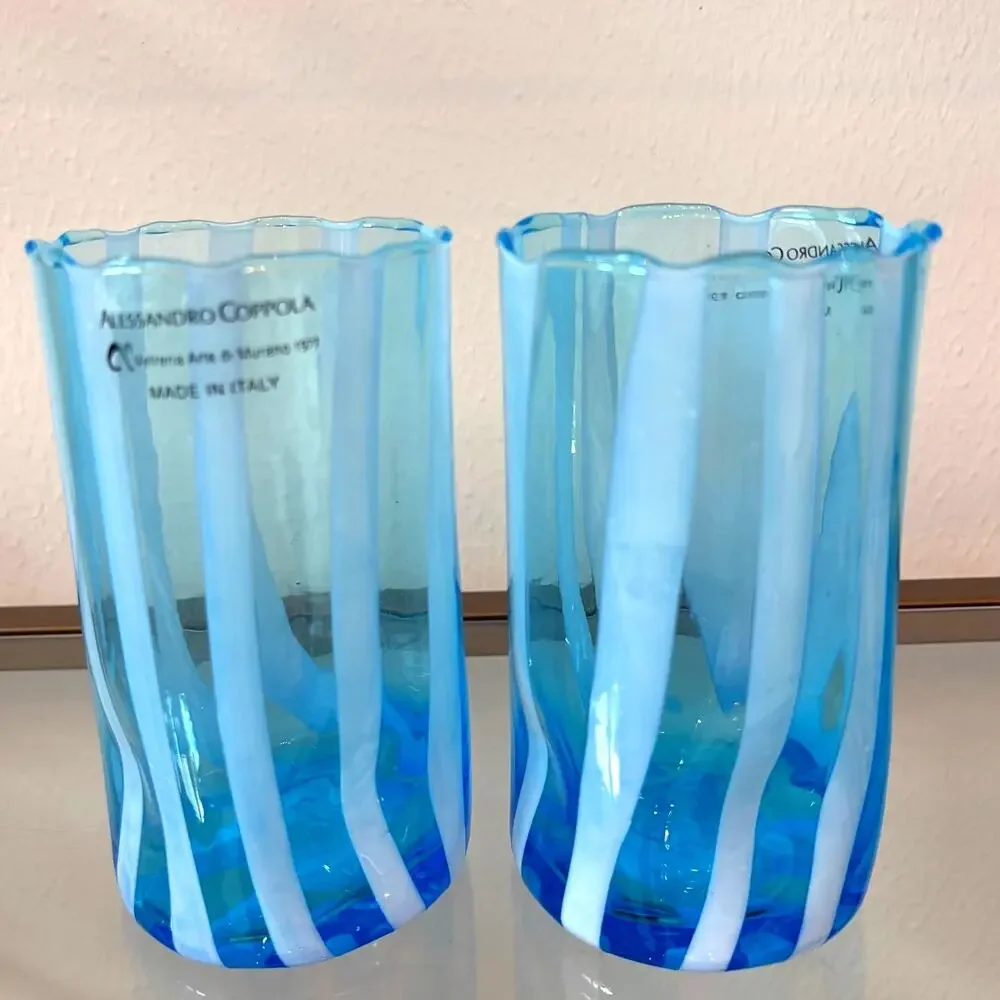 Alessandro Coppola Murano Italy Blue & White Art Glass Tumblers Set of 4 NEW